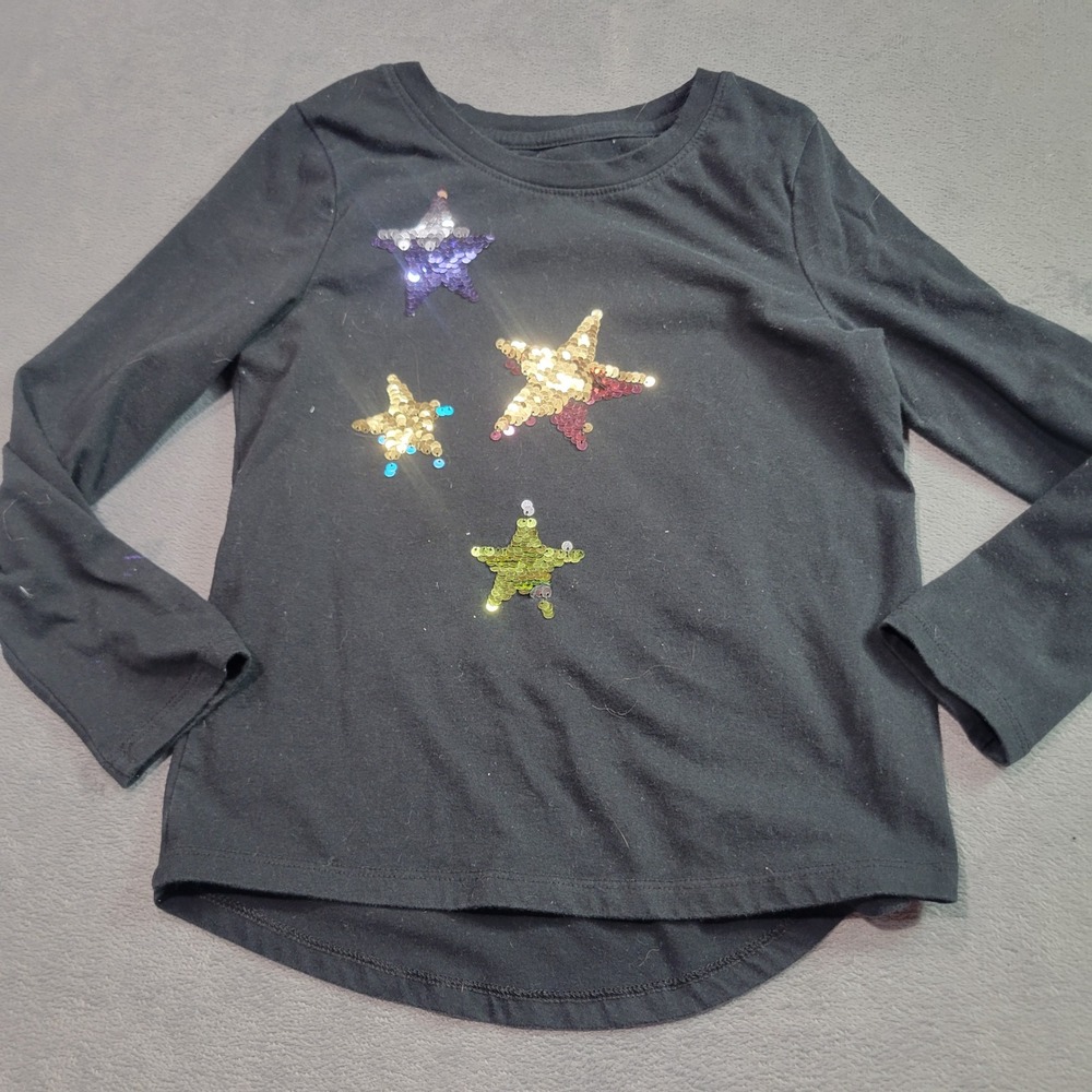 Cat & Jack Girls Black‎ Long Sleeve Sequin Star T-Shirt Size S 6/7 Hi-Low Hem